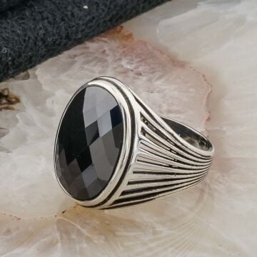 Siyah Zirkon Taşlı  Gümüş  Erkek Yüzük  Model 3