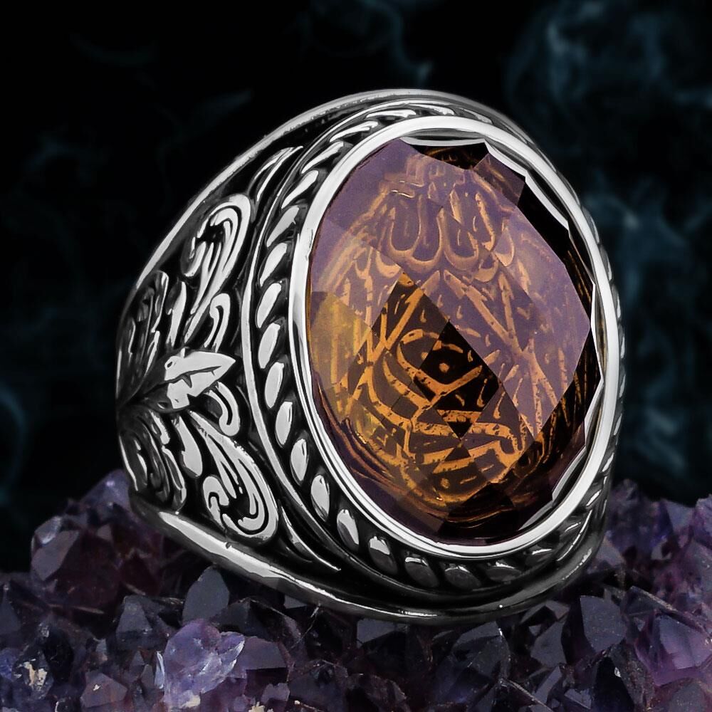 Zultanit Taşlı La Galibe İllallah Yazılı 925 Ayar Gümüş Erkek Yüzük