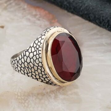 925 ayar Gümüş Oval Kırmızı  Zirkon Taşlı Desenli Erkek Yüzük