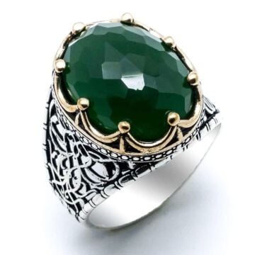 Yeşil Zirkon  Taşlı Kral Tacı Erkek Gümüş Yüzük