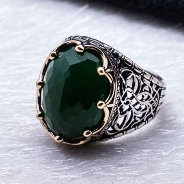 Yeşil Zirkon  Taşlı Kral Tacı Erkek Gümüş Yüzük