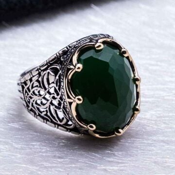 Yeşil Zirkon  Taşlı Kral Tacı Erkek Gümüş Yüzük