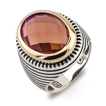 Zultanit Taşlı Çizgili 925 Ayar Gümüş Erkek Yüzük