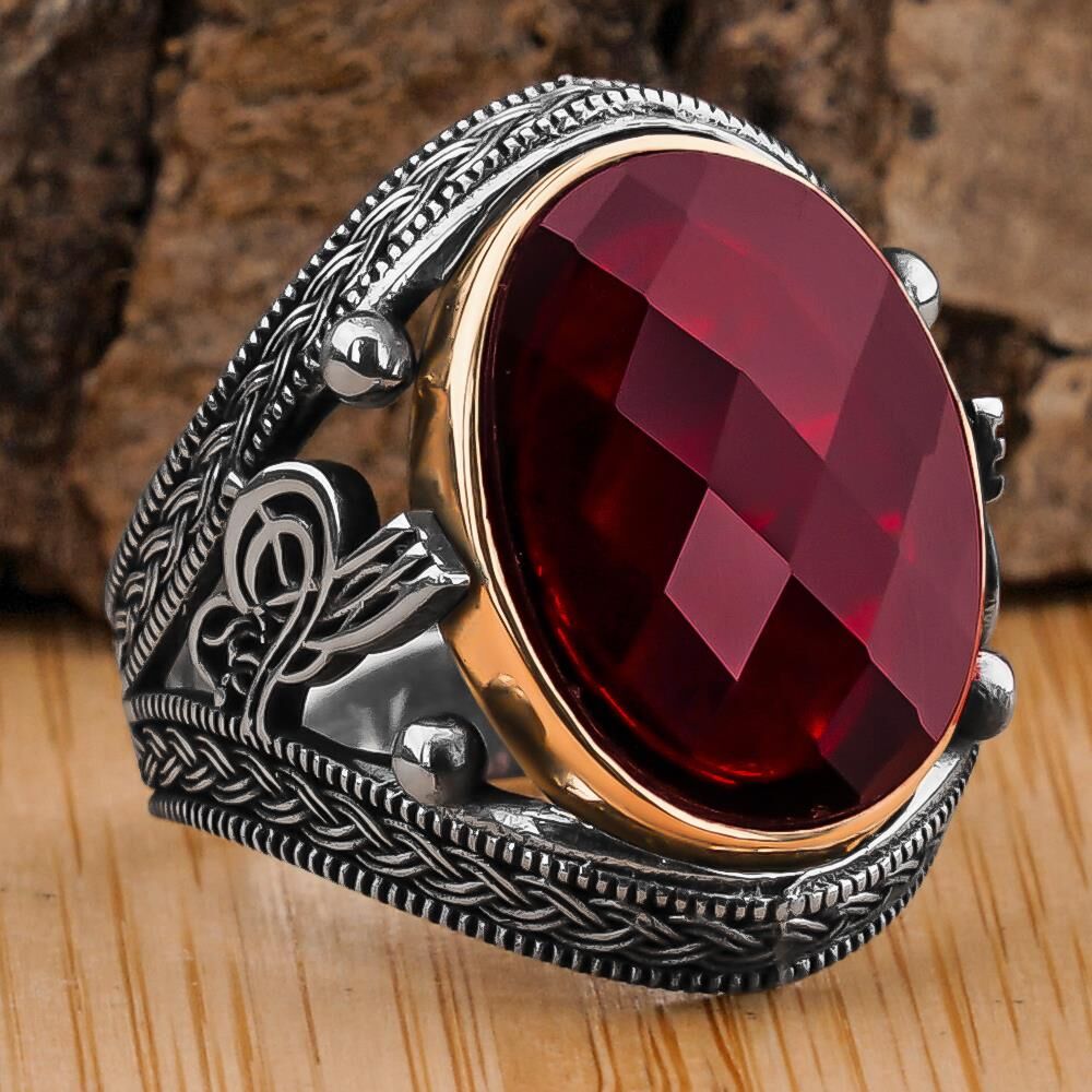 925 Ayar Gümüş Zirkon Taşlı Tuğralı Erkek Yüzük 3