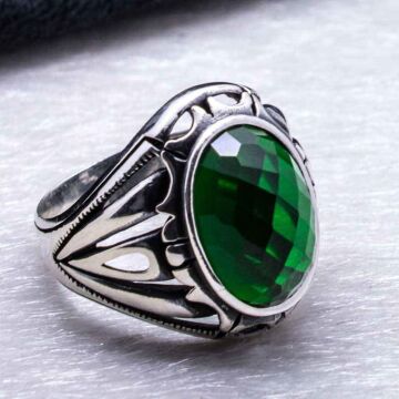 925 Ayar Gümüş Yeşil Zirkon  Taşlı Erkek Yüzük