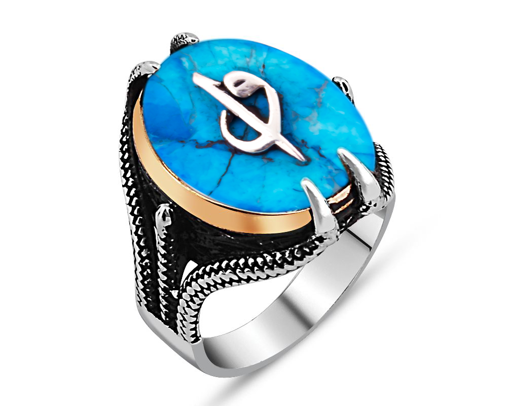 925 Ayar Gümüş Pençeli Elif Vav Model Turkuaz Taşlı Yüzük