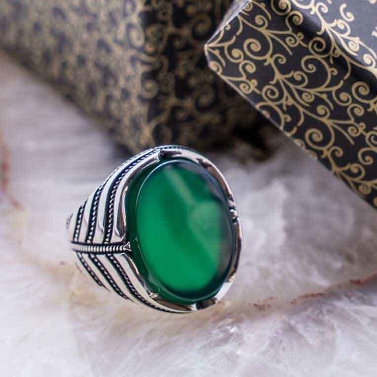 925 Ayar Gümüş Yeşil Akik  Taşlı Yüzük