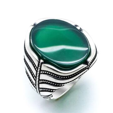 925 Ayar Gümüş Yeşil Akik  Taşlı Yüzük