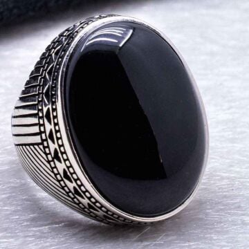 Büyük Siyah Oniks Taşlı Erkek Gümüş Yüzük
