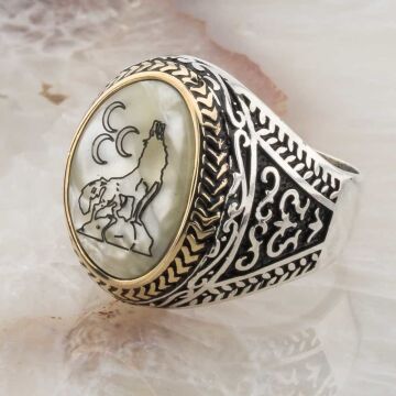 925 Ayar Gümüş  Sedef Taşlı Bozkurt Yüzüğü