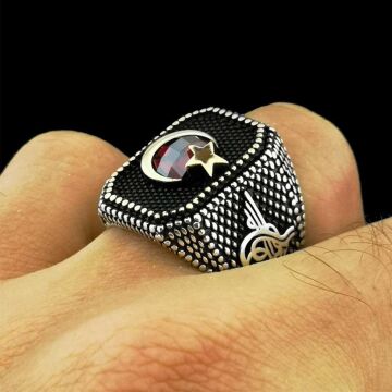 Özel Ay Yıldız Tasarımlı Tuğra İşlemeli 925 Ayar Gümüş Yüzük