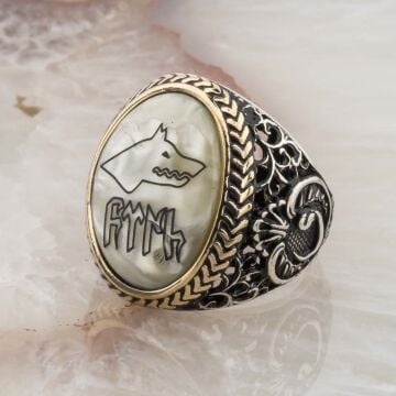 925 Ayar Gümüş  Sedef Taşlı Göktürkçe Türk Yazılı Erkek Yüzük
