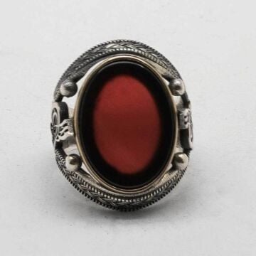 925 Ayar Gümüş Osmanlı Tuğralı Akik Taşlı Erkek Yüzük