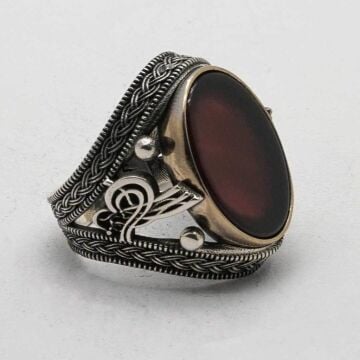 925 Ayar Gümüş Osmanlı Tuğralı Akik Taşlı Erkek Yüzük