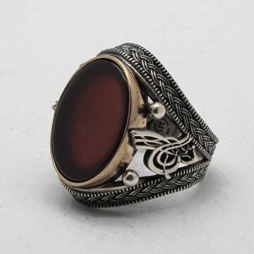 925 Ayar Gümüş Osmanlı Tuğralı Akik Taşlı Erkek Yüzük