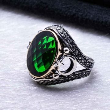 925 Ayar Gümüş Yeşil Zirkon Taşlı Ay Yıldız Detaylı Yüzük