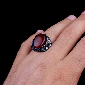 Akik Taşlı Oval Model 925 Ayar Gümüş Erkek Yüzük