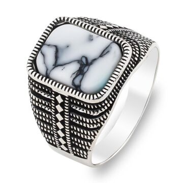 Beyaz Firuze Taşlı 925 Ayar Gümüş Erkek Yüzük