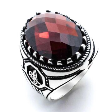 925 Ayar Gümüş Kırmızı Zirkon Taşlı Osmanlı Tuğrası  Detaylı Yüzük