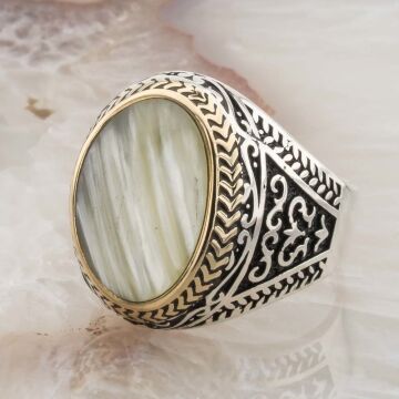 925 Ayar Gümüş Sade Sedef Taşlı Erkek Yüzük