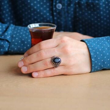 Siyah Zirkon Taşlı İşlemeli 925 Ayar Gümüş Yüzük