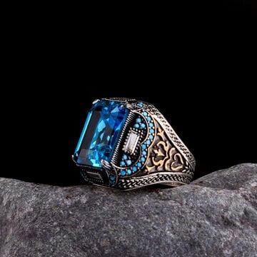 925 AYAR GÜMÜŞ AQUA ZİRKON TAŞLI ERKEK YÜZÜK