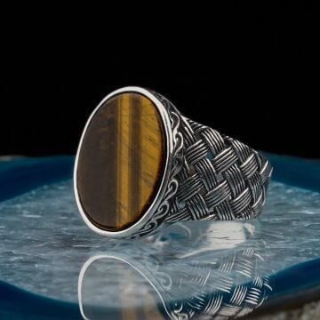 Oval Kaplan Gözü Taşlı Örgü Desenli Erkek Gümüş Yüzük