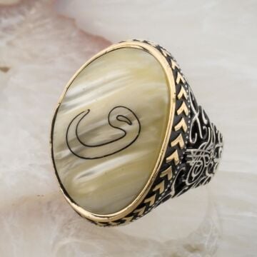 Büyük Sedef Taşlı Vav İşlemeli Gümüş Yüzük