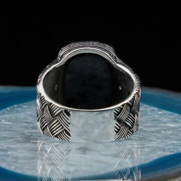 Dikdörtgen Oniks Taşlı Örgü Desenli Erkek Gümüş Yüzük