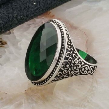 925 Ayar Gümüş Yeşil Zirkon Taşlı Erkek  Yüzük