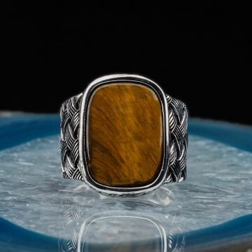 Dikdörtgen Kaplan Gözlü Taşlı Örgü Desenli Erkek Gümüş Yüzük