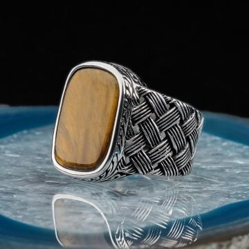 Dikdörtgen Kaplan Gözlü Taşlı Örgü Desenli Erkek Gümüş Yüzük