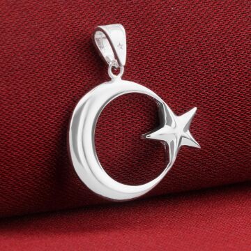 Deri İpli Çift Taraflı Ay Yıldız 925 Ayar Gümüş Kolye