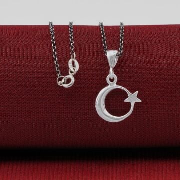 Çift Taraflı Ay Yıldız 925 Ayar Gümüş Kadın Kolye