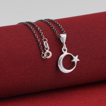 Çift Taraflı Ay Yıldız 925 Ayar Gümüş Kadın Kolye