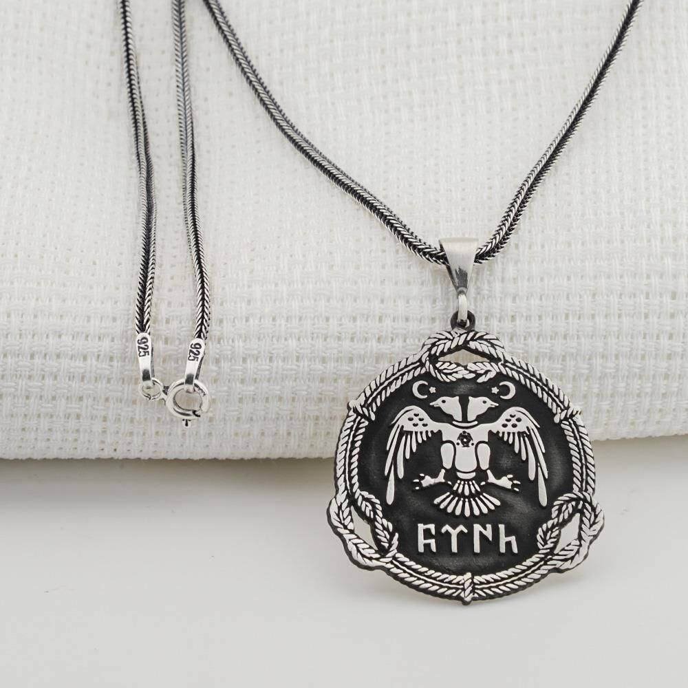 Çift Başlı Kartallı Türk Yazılı Erkek Gümüş Kolye