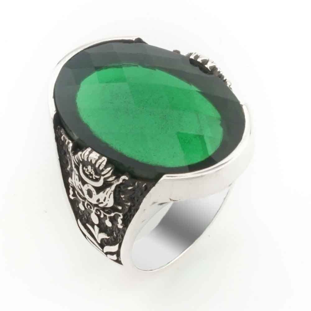 Osmanlı Tuğralı Yeşil Zirkon Taşlı Gümüş Yüzük