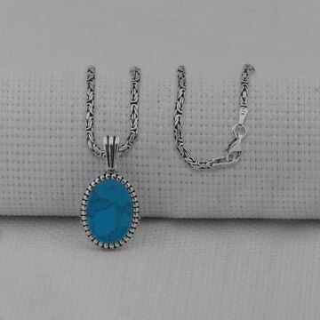 Turkuaz Taşlı Oval Kesim 925 Ayar Erkek Gümüş Kolye