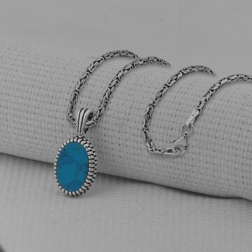 Turkuaz Taşlı Oval Kesim 925 Ayar Erkek Gümüş Kolye