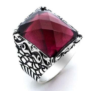 925 Ayar Gümüş  Kırmızı Zirkon Taşlı Yüzük