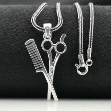 Berber Makas ve Tarak Erkek Gümüş Kolye