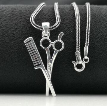 Berber Makas ve Tarak Erkek Gümüş Kolye