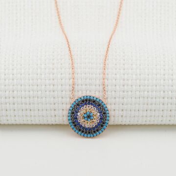 Nazar Tasarımlı Zirkon Taşlı Bayan Rose Gümüş Kolye