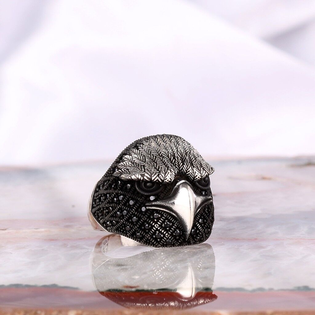 925 Ayar Gümüş Kartal Motifli Mikro Taşlı Erkek Yüzük