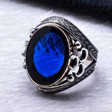 925 Ayar Gümüş Mavi Zirkon  Taşlı  üç Hilal Detaylı Yüzük