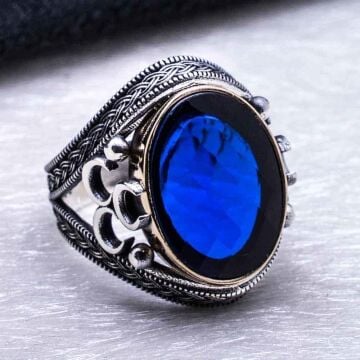 925 Ayar Gümüş Mavi Zirkon  Taşlı  üç Hilal Detaylı Yüzük