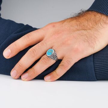 Yuvarlak Mavi Turkuaz Taşlı 925 Ayar Gümüş Erkek Yüzük