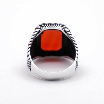 925 ayar Gümüş Tuğra Detaylı Akik Taşlı Erkek Yüzük