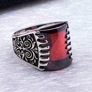 925 Ayar Gümüş Kırmızı  Zirkon Taşlı Desenli Yüzük