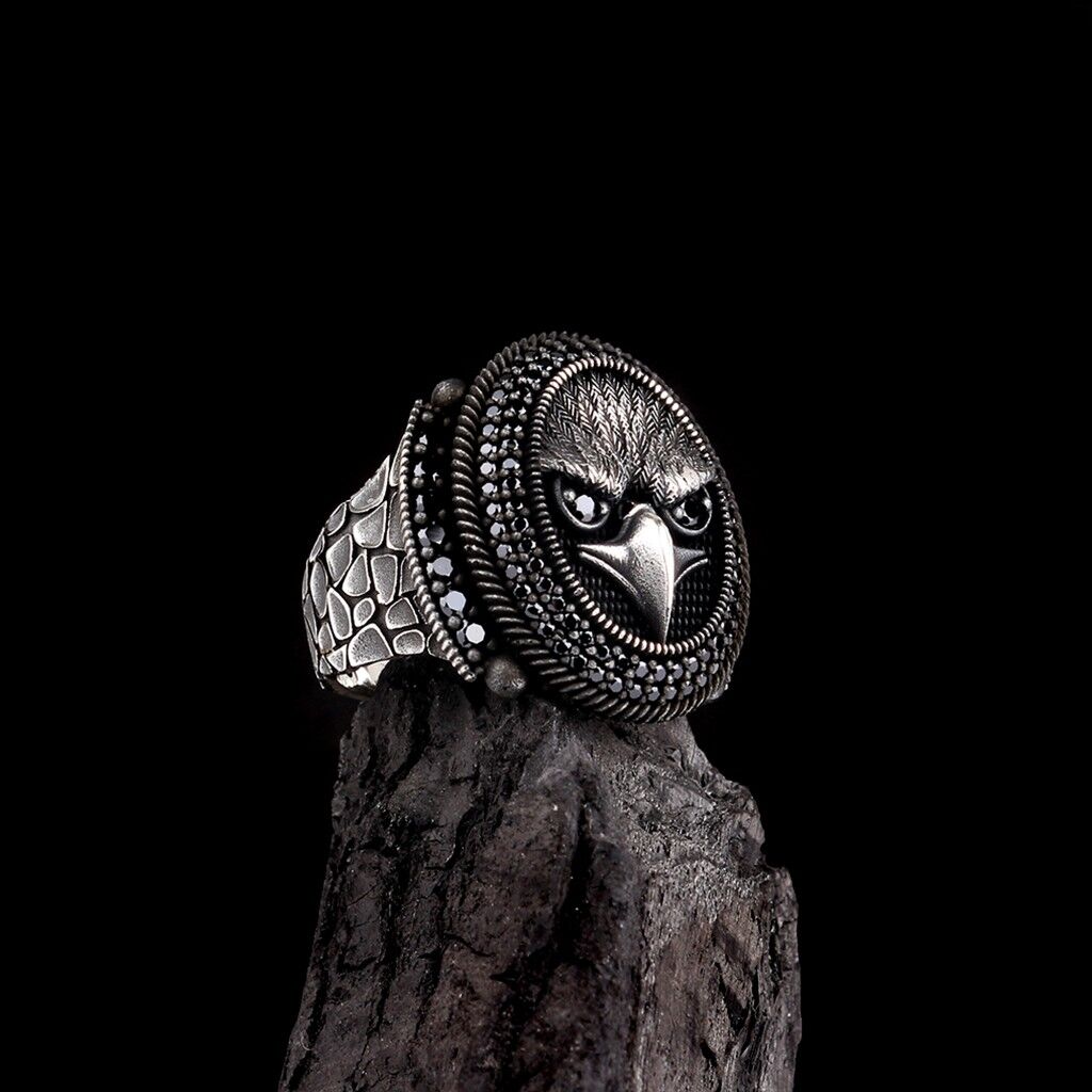 925 Ayar Gümüş Kartal Motifli Mikro Taşlı Erkek Yüzük